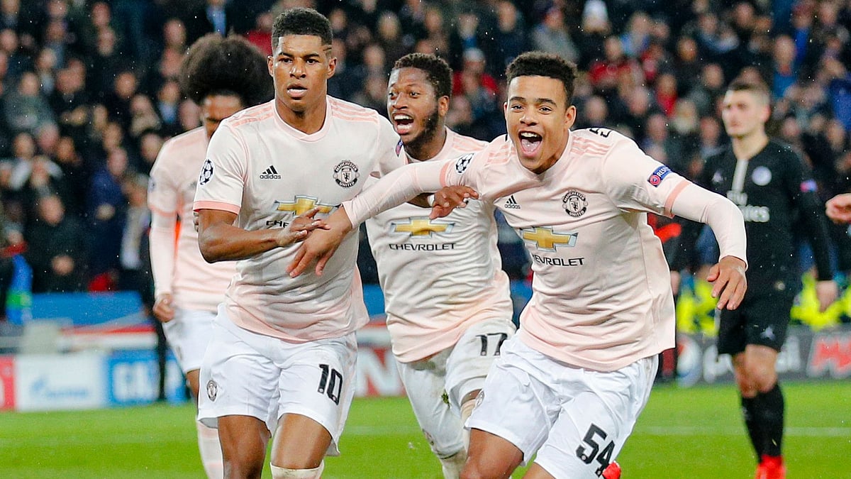 Manchester United’s Marcus Rashford (left) celebrates after scoring his side’s third goal during the Champions League round of 16, second leg match against Paris Saint Germain in Paris on Wednesday, March. 6.