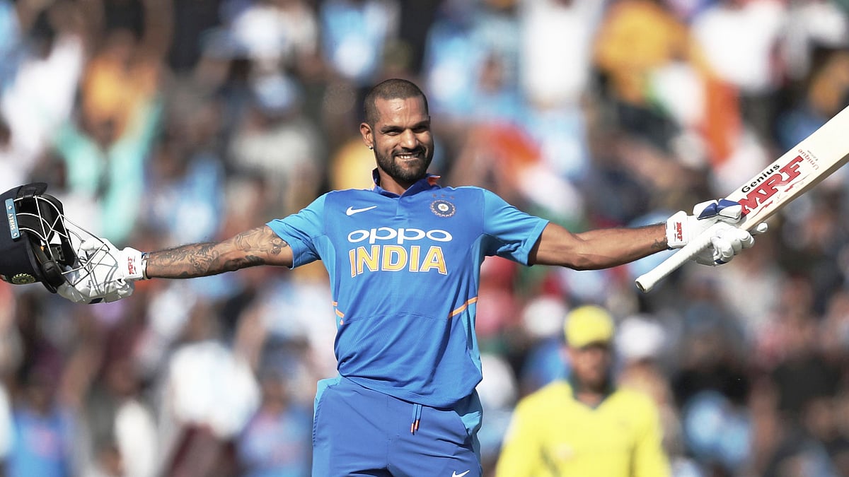 Shikhar Dhawan celebrates his century against Australia in the Mohali ODI.