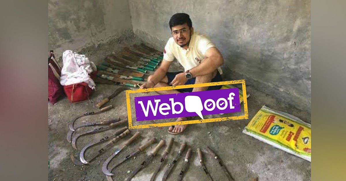 Image accompanying BJP candidate from Bangalore South Tejasvi Surya is seen posing with weapons in a photo.