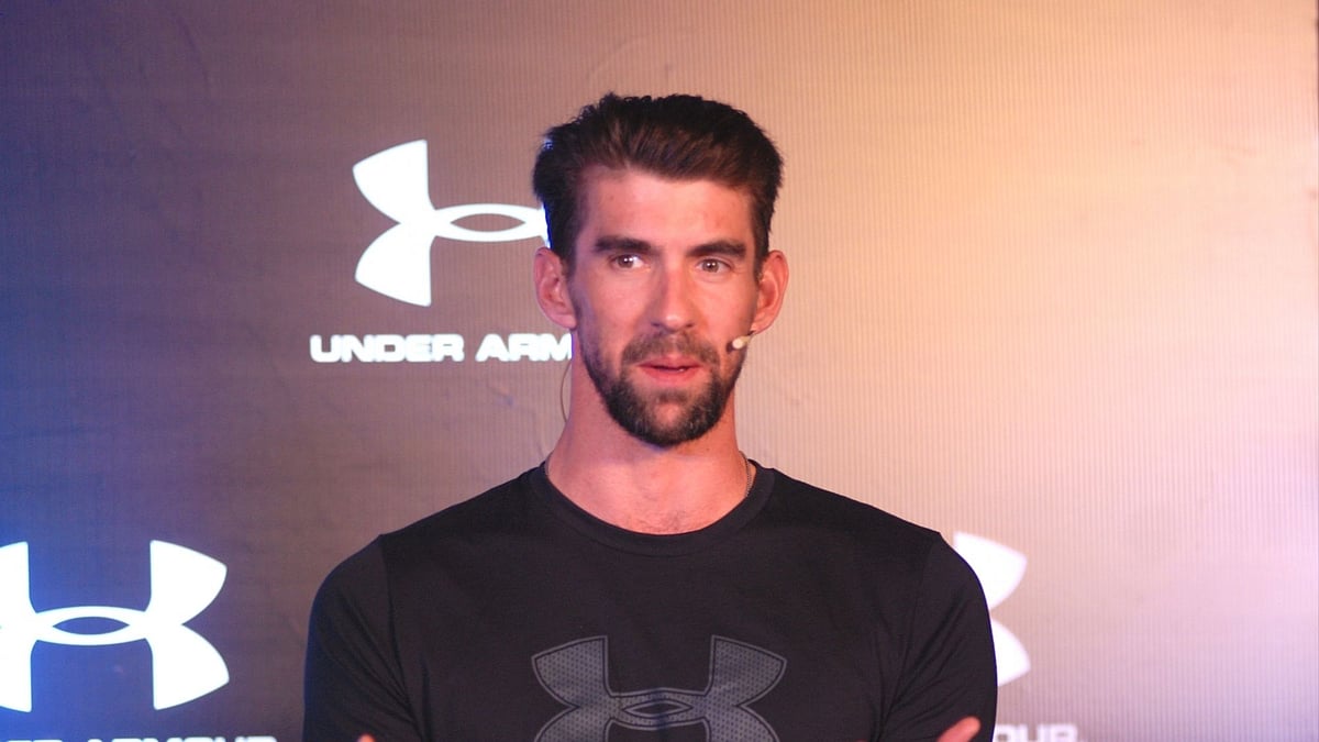 American swimmer Michael Phelps addresses at a launch of new brand, in New Delhi, on 26 March 2019.