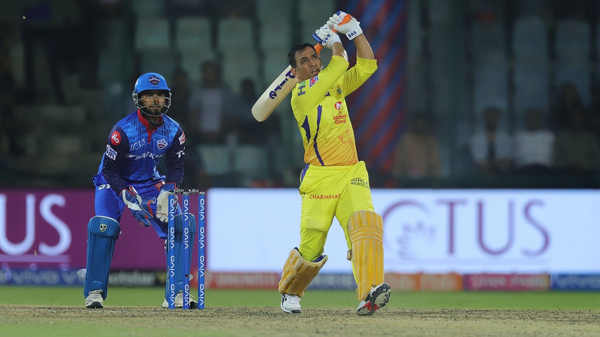 MS Dhoni hits&nbsp; a six during his innings at the Feroz Shah Kotla.&nbsp;