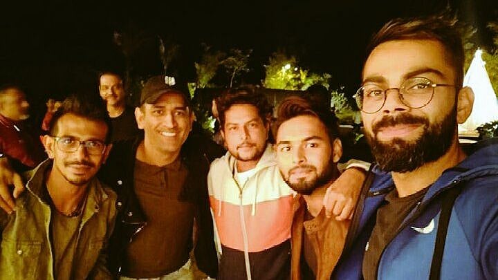 Yuzvendra Chahal, MS Dhoni, Kuldeep Yadav, Rishabh Pant and Virat Kohli ahead of the third ODI against Australia at Ranchi.