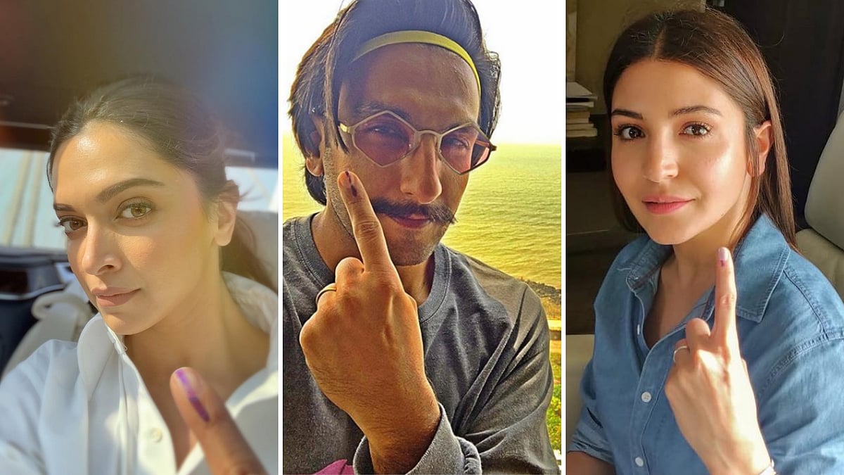 Deepika Padukone (L), Ranveer Singh (C), Anushka Sharma (R) cast their votes.