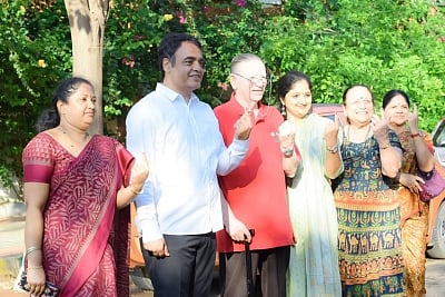 Bengaluru: BJP MLA C. N. Ashwath Narayan and his family members show their inked fingers after casting their votes for the second phase of 2019 Lok Sabha elections, in Bengaluru on April 18, 2019. (Photo: IANS)