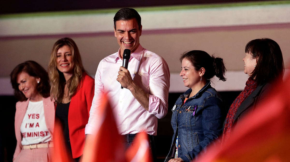Spanish Prime Minister and Socialist Party candidate Pedro Sanchez speaks to supporters gathered at the party headquarters.