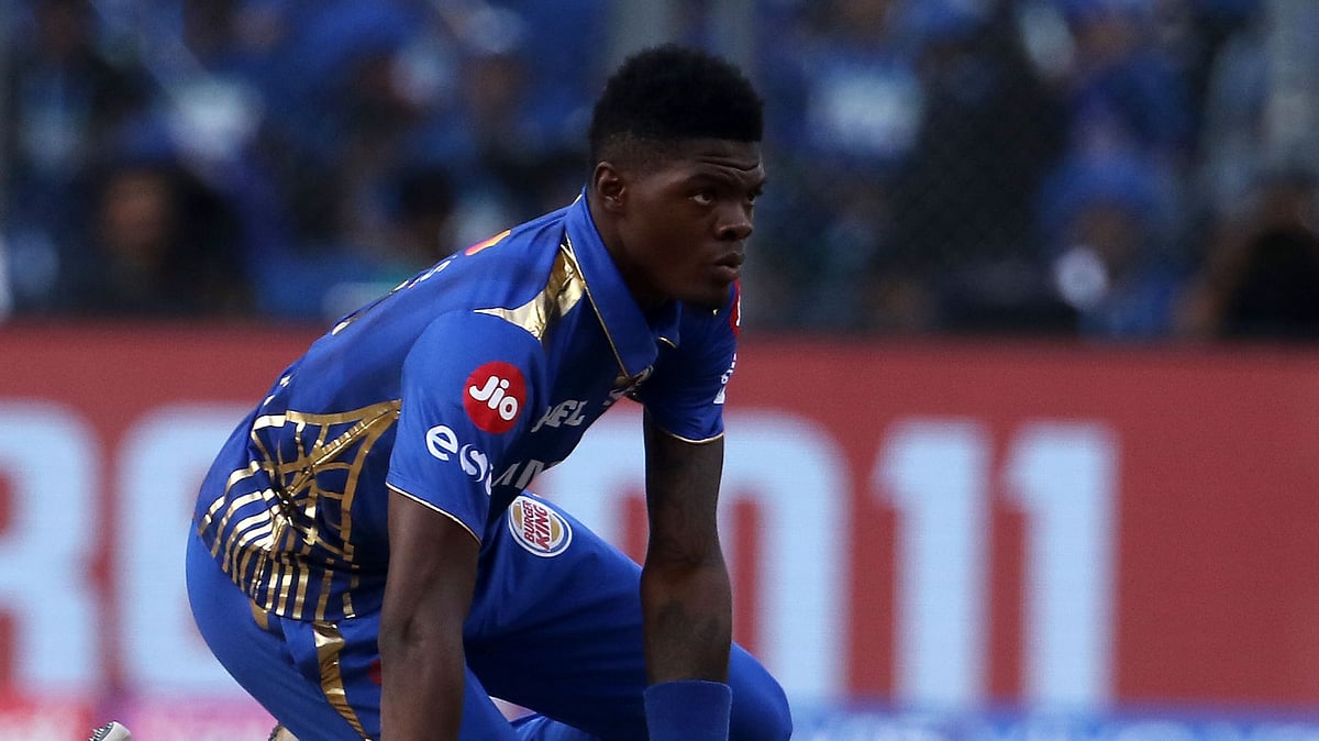 Mumbai Indians’ Alzarri Joseph took a bad tumble while trying to prevent the ball from reaching the boundary against Rajasthan Royals on April 13.