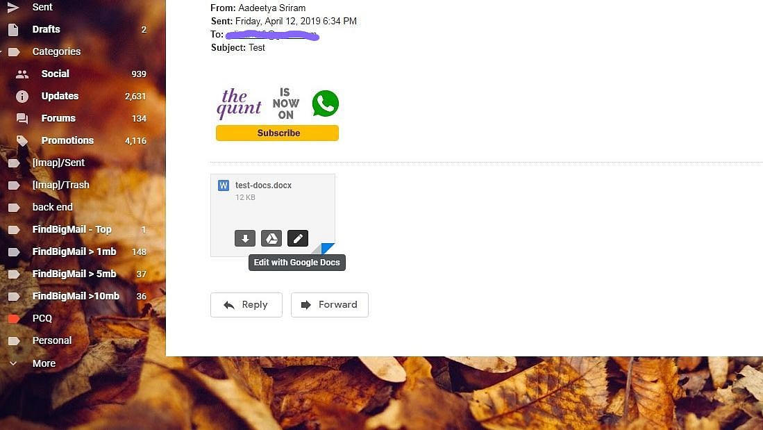 The edit on Google Docs option as seen on Gmail. 