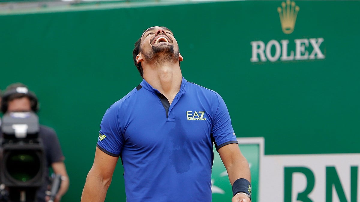Italy’s Fabio Fognini celebrates after defeating Spain’s Rafael Nadal during their semifinal match of the Monte Carlo Tennis Masters tournament in Monaco, Saturday, April, 20, 2019. 