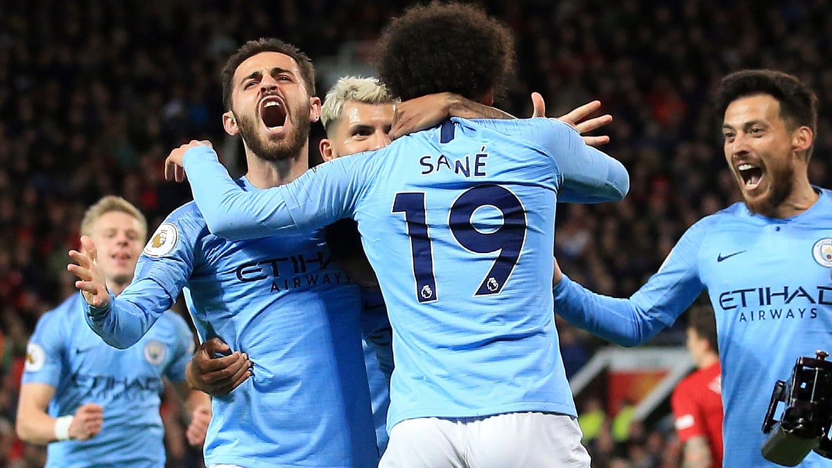 Bernardo Silva celebrates after scoring goal during match against Manchester United.