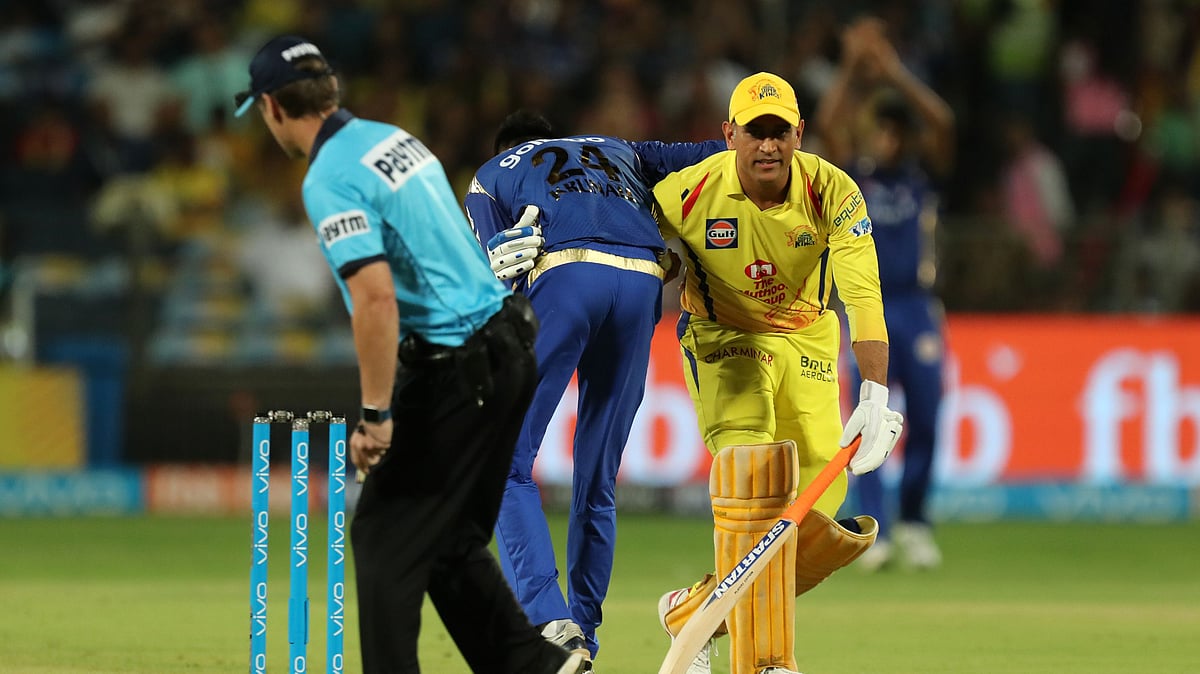 Krunal Pandya of Mumbai Indians and Mahendra Singh Dhoni captain of Chernnai Super Kings during match twenty seven of the Vivo Indian Premier League 2018 (IPL 201