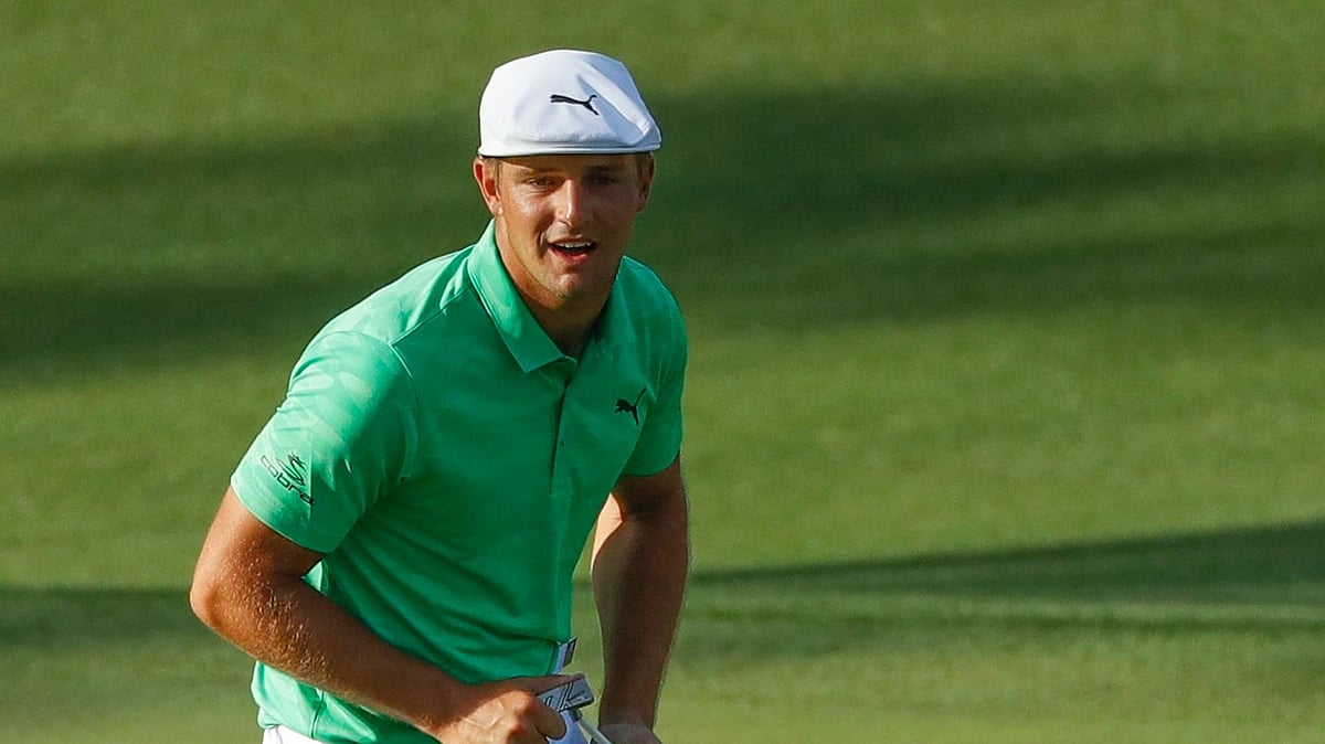 Bryson DeChambeau rects after missing a putt on the 15th hole during the first round for the Masters golf tournament Thursday, April 11, 2019, in Augusta, Ga. 