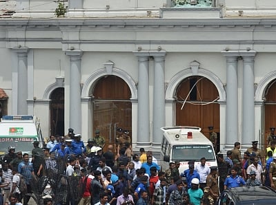 Colombo, April 21, 2019 (Xinhua) -- People gathered outside the Church of St. Anthony where the explosion occurred in Colombo, Sri Lanka, April 21, 2019. At least 50 people were killed and more than 100 others injured in multiple church and hotel blasts in Sri Lanka, police said on Sunday. (Xinhua/Tang Lu/IANS)