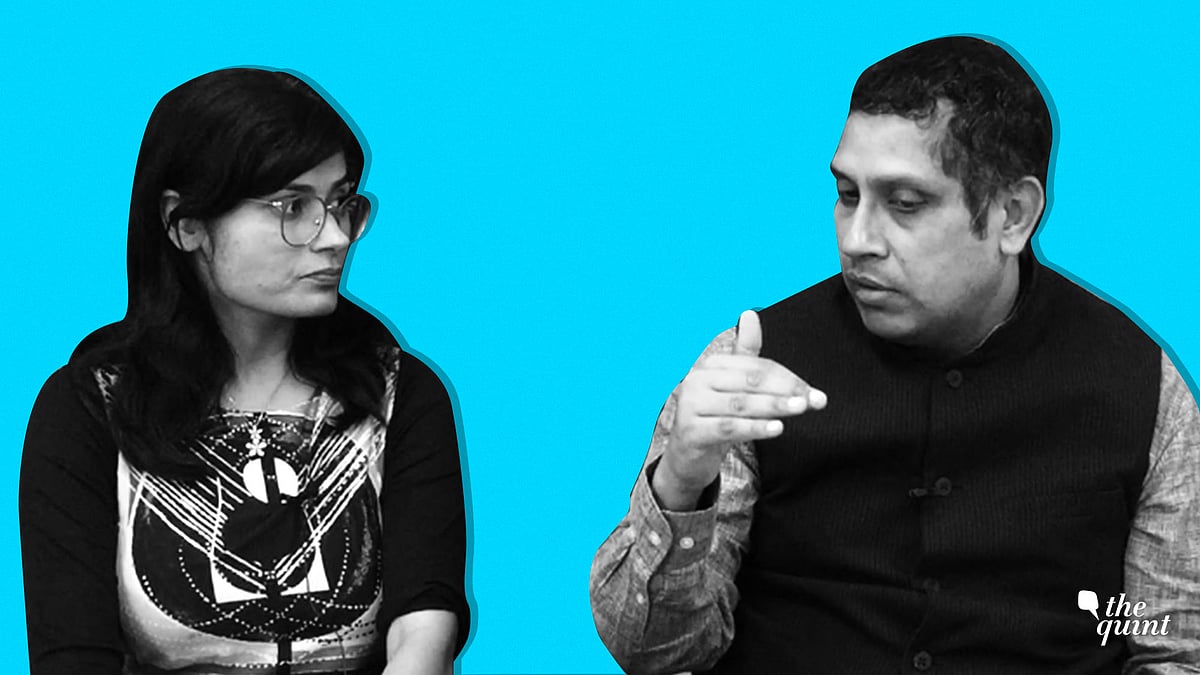 Image of The Quint’s Nishtha Gautam (L) with Congress’ Praveen Chakravarty.