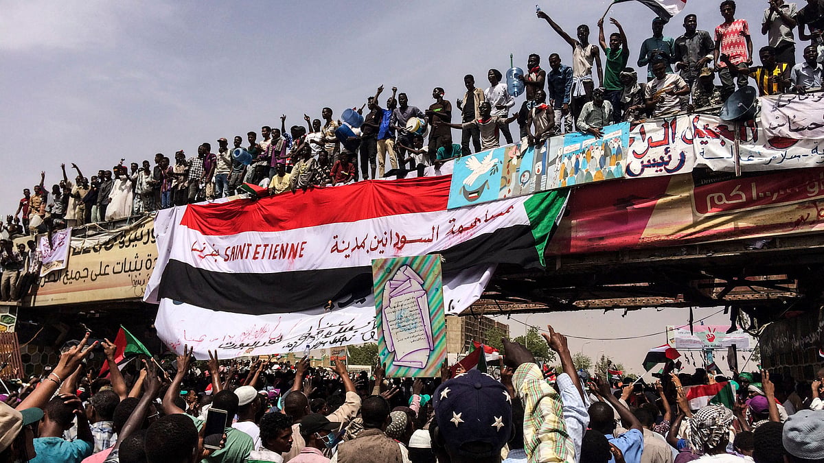 Demonstrators gather in Sudan’s capital of Khartoum, Friday, 12 April 2019.