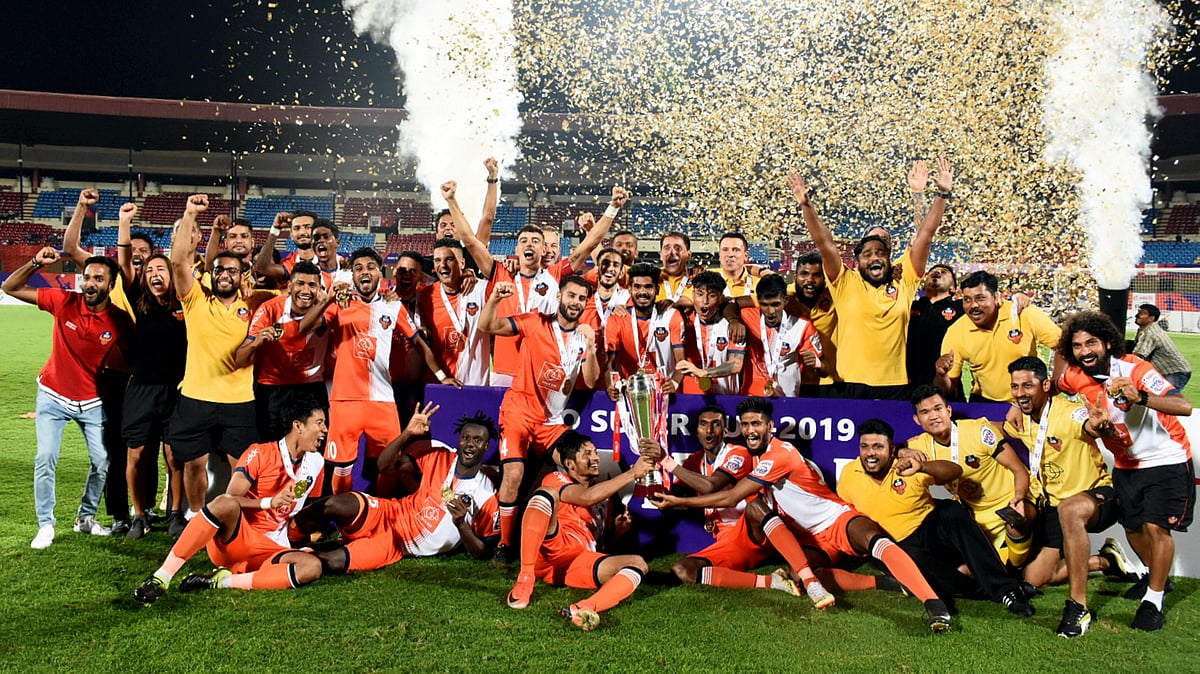 FC Goa players celebrate after beating Chennaiyin FC in the final of the Hero Super cup 2019 football at Kalinga stadium.