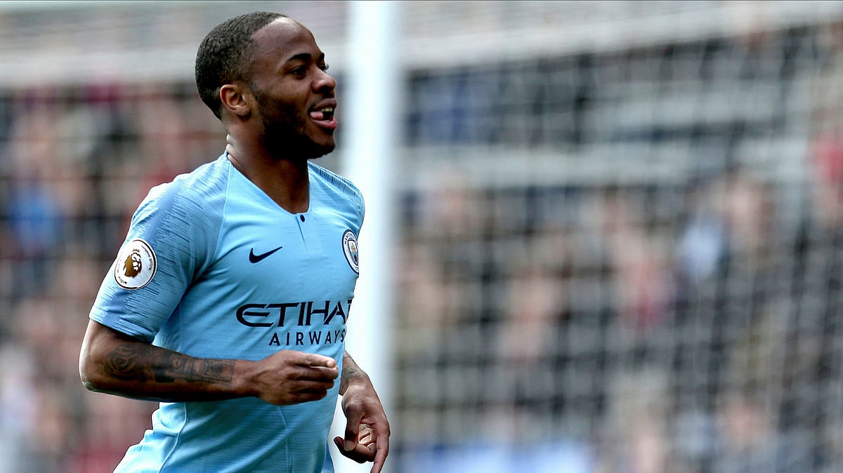 Manchester City’s Raheem Sterling celebrates scoring his side’s second goal of the game during the Premier League match at Selhurst Park, London. 
