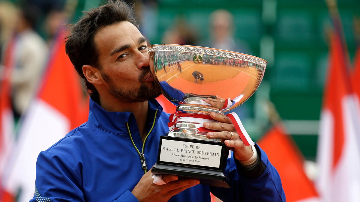 Italy’s Fabio Fognini celebrates after defeating Serbia’s Dusan Lajovic in the men’s singles final match of the Monte Carlo Tennis Masters tournament in Monaco, Sunday, April, 21, 2019. 