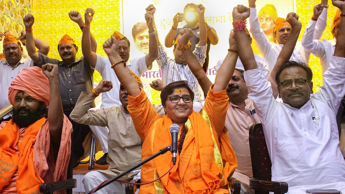 File image of BJP MP from Bhopal Pragya Singh Thakur, seen with party workers.