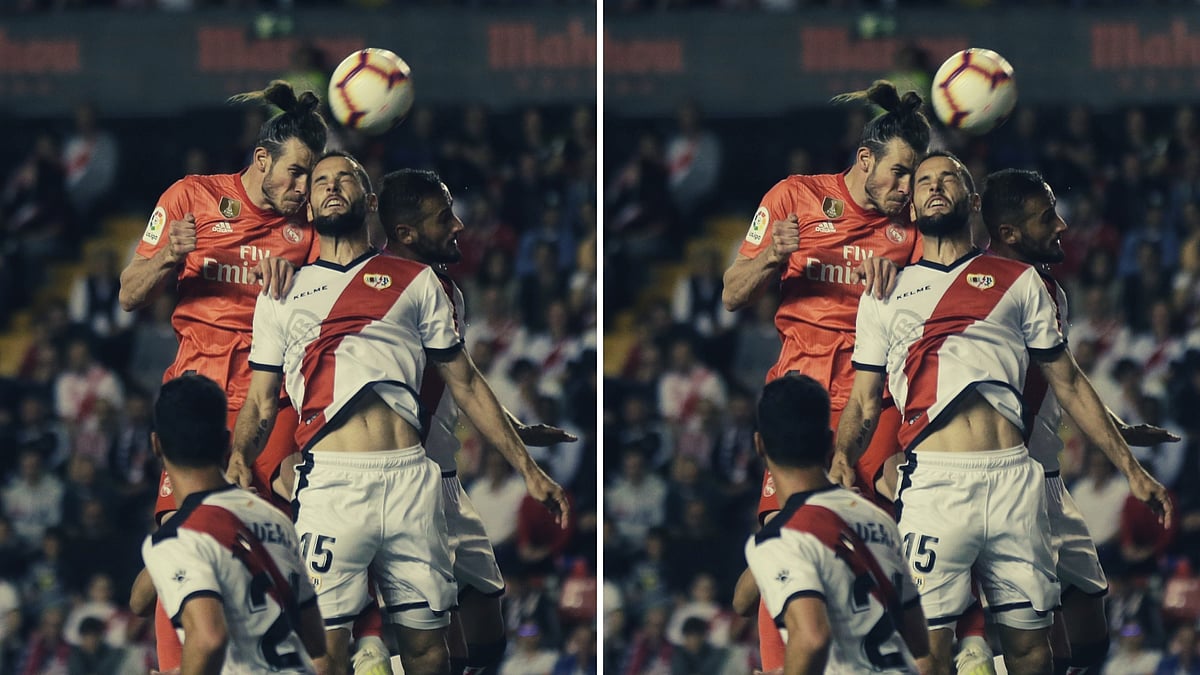 Real Madrid’s Gareth Bale jumps to head the ball during a set piece in the match against Real Vallecano.