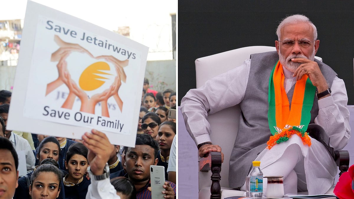 Employees of Jet Airways participate in a protest to demand clarification on unpaid salaries in Mumbai (L). Prime Minister Narendra Modi (R)