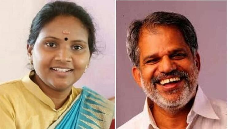 Photo of UDF leader Ramya Haridas (L) and A Vijayaraghavan.
