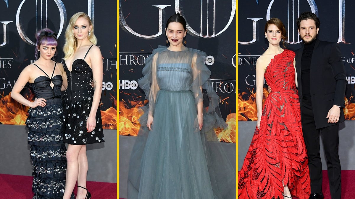 Maisie Williams, Sophie Turner, Emilia Clarke and Kit Harington at the premiere of season 8 of <i>Game of Thrones</i> in New York City.