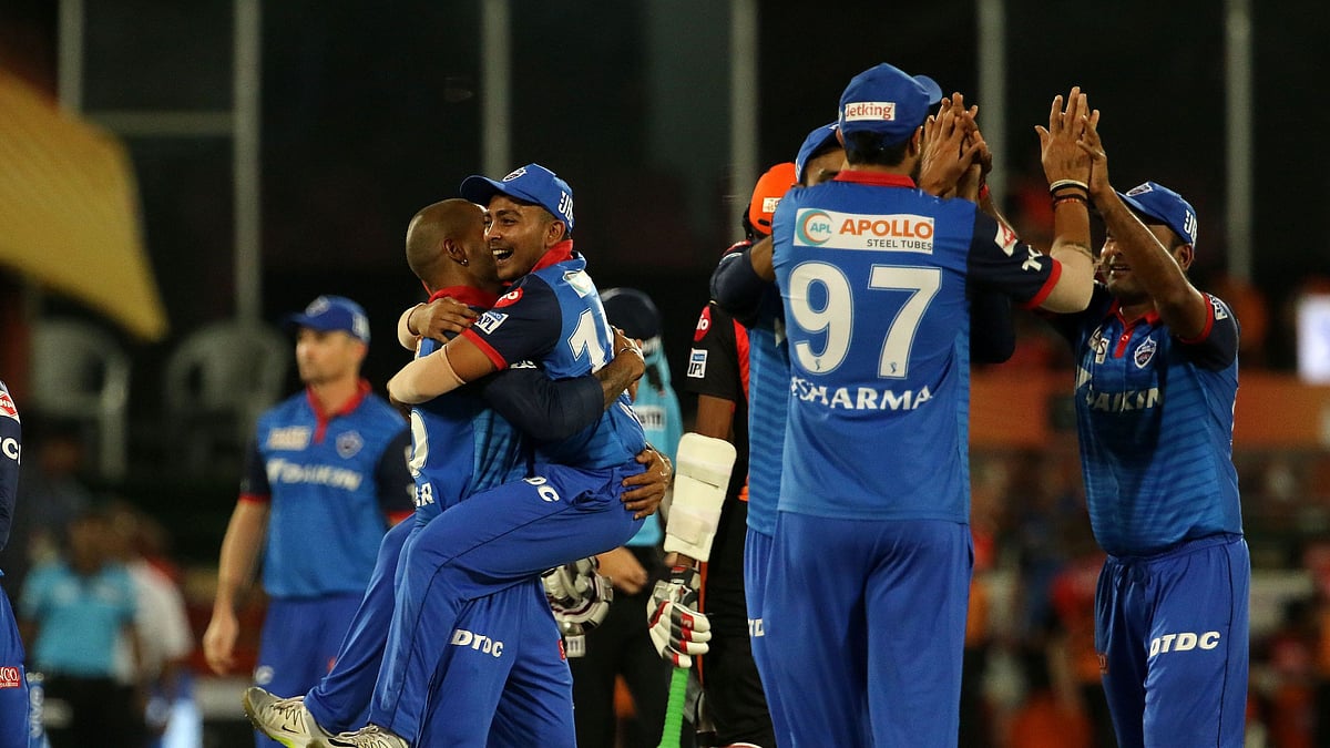 Delhi Capitals celebrate their victory over Sunrisers Hyderabad on Sunday.