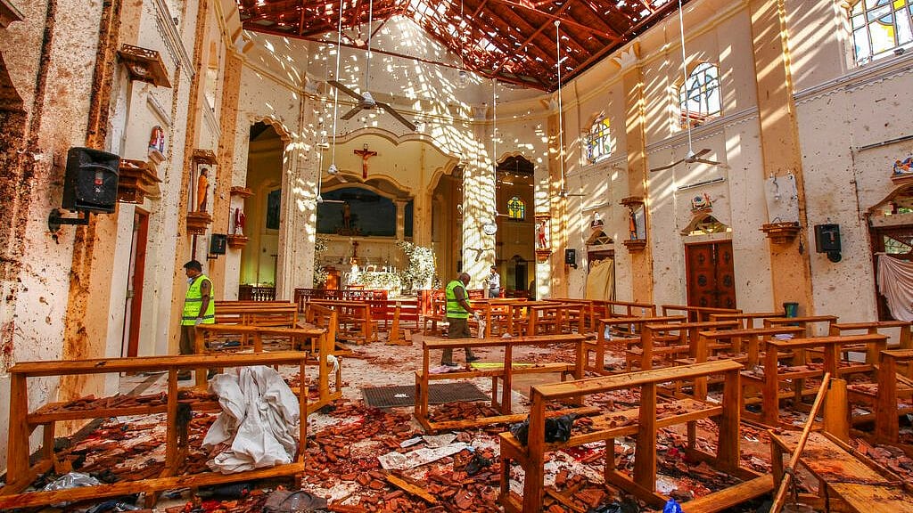 A view of St Sebastian’s Church damaged in a blast in Negombo, Sri Lanka. 