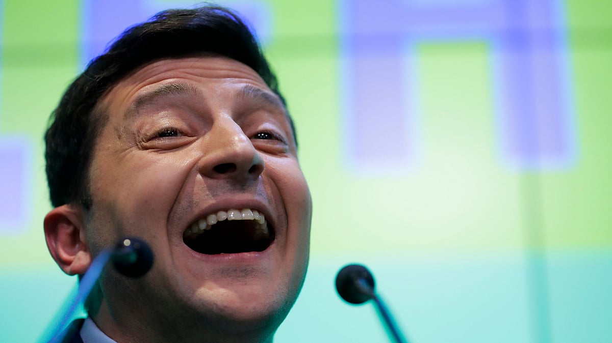 Ukrainian comedian and presidential candidate Volodymyr Zelenskiy speaks to the media and his supporters at his headquarters after the second round of presidential elections in Kiev, Ukraine.
