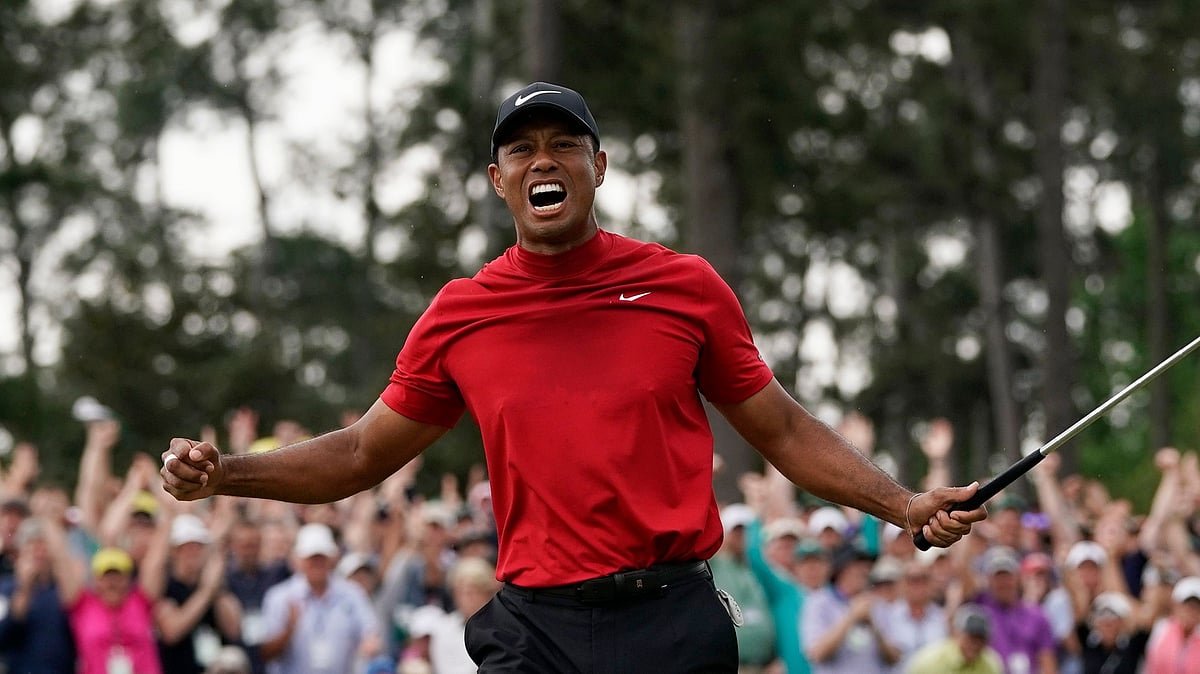 Tiger Woods reacts as he wins the Masters golf tournament Sunday, April 14, 2019, in Augusta, Ga. 