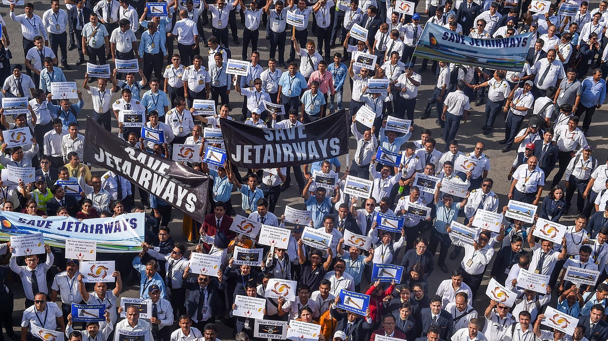 The employees of Jet Airways, including pilots, flight attendants and ground staff staged protests at the Delhi Airport.
