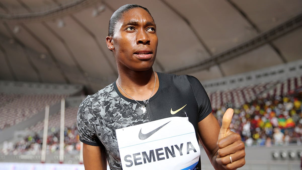 South Africa’s Caster Semenya celebrates after crossing the line to win the gold in the women’s 800-meter final during the Diamond League in Doha, Qatar, Friday, May 3, 2019. 