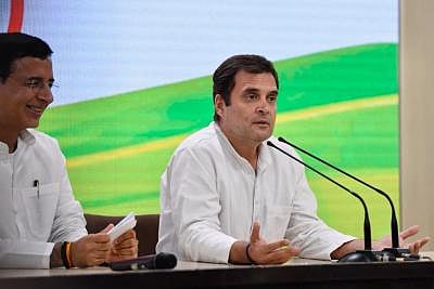 New Delhi: Rahul Gandhi addresses a press conference in New Delhi on May 17, 2019. Also seen Congress leader Randeep Singh Surjewala.(Photo: IANS)