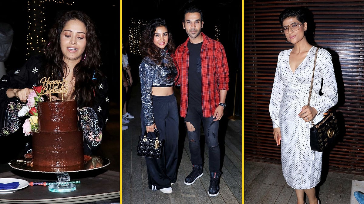 Nushrat Bharucha cuts the cake; Rajkummar Rao, Patralekhaa and Tahira Kashyap at the party.