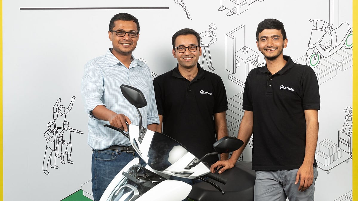 Sachin Bansal (left) with Ather Energy co-founders Tarun Mehta (centre) and Swapnil Jain.