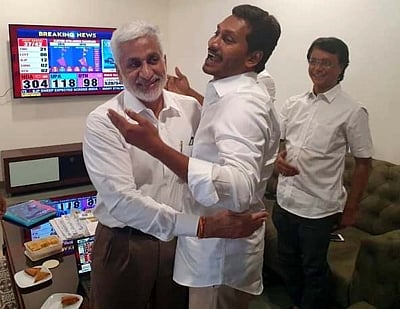 Amaravati: YSR Congress Party (YSRCP) chief Jagan Mohan Reddy celebrates after his party emerged victorious in the Andhra Pradesh Assembly elections in Amaravati, on May 23, 2019. He will take oath as the new Chief Minister of Andhra Pradesh on May 30 in the temple town of Tirupati. (Photo: IANS)