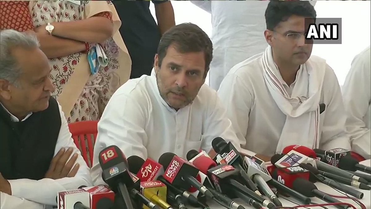 Rahul Gandhi addressing the media.
