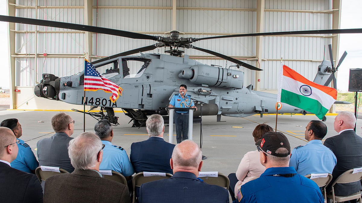 Air Marshal AS Butola delivering an address in front of IAF ‘s first Apache helicopter.