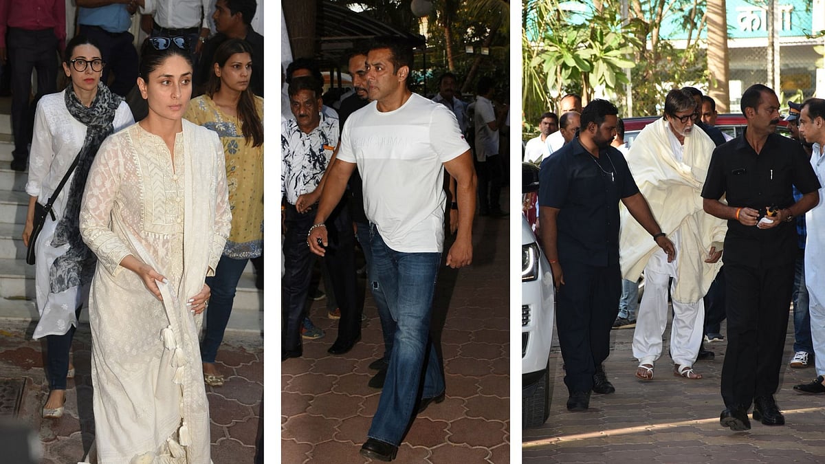Kareena Kapoor with her sister Karisma, Salman Khan and Amitabh Bachchan at the prayer meet.