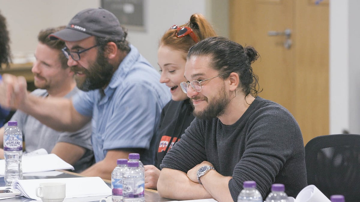 Kit Harrington, Sophie Turner, Rory McCann, and Joe Dempsie at the final table read.