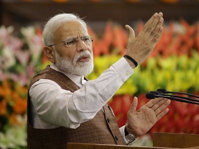 Prime Minister Narendra Modi addresses during NDA Parliamentary Board meeting at the Central Hall of Parliament, in New Delhi on May 25, 2019. (Photo: Amlan Paliwal/IANS)