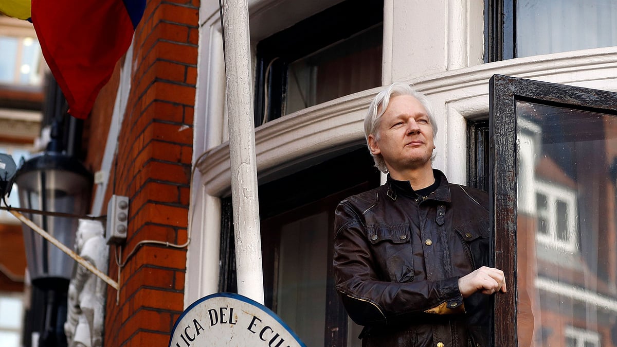 WikiLeaks founder Julian Assange looks out from the balcony while claiming political asylum at the Ecuadorian embassy in London. 