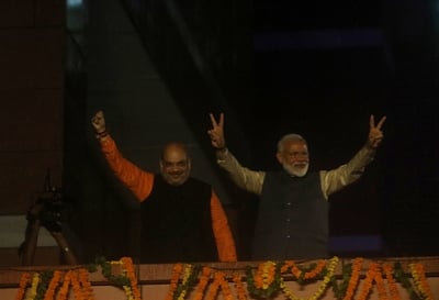 New Delhi:  Prime Minister Narendra Modi and BJP chief Amit Shah during celebrations at the party