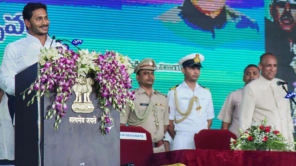 YSR Congress chief Jagan Mohan Reddy taking oath of office in Vijayawada on 30 May. 
