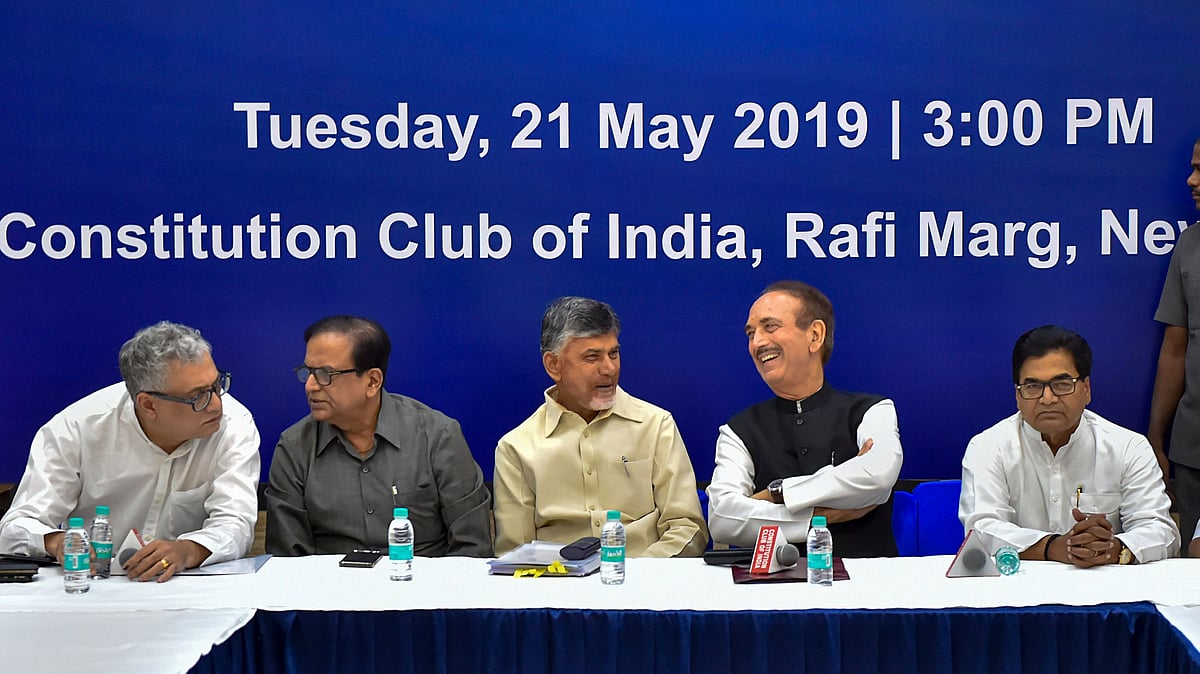 Andhra Pradesh CM N Chandrababu Naidu, Congress leader Ghulam Nabi Azad, SP leader Ramgopal Yadav, BSP leader Satish Chandra Mishra and others ahead of a meeting with EC on Tuesday, 21 May.