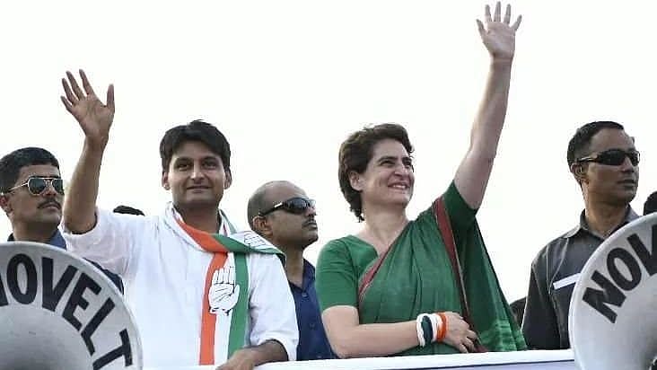 Congress general secretary Priyanka Gandhi with Deepender Hooda in Rohtak.