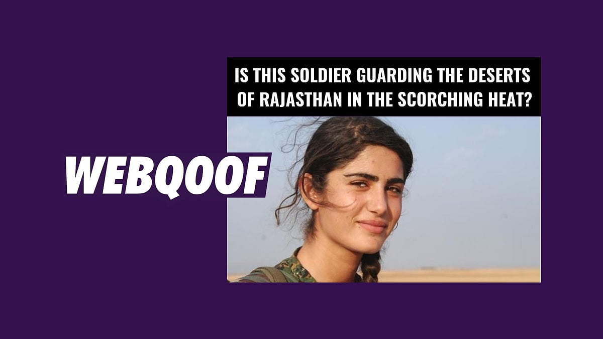 The claim is false since the soldier is neither Indian and nor is she guarding the deserts of Rajasthan.