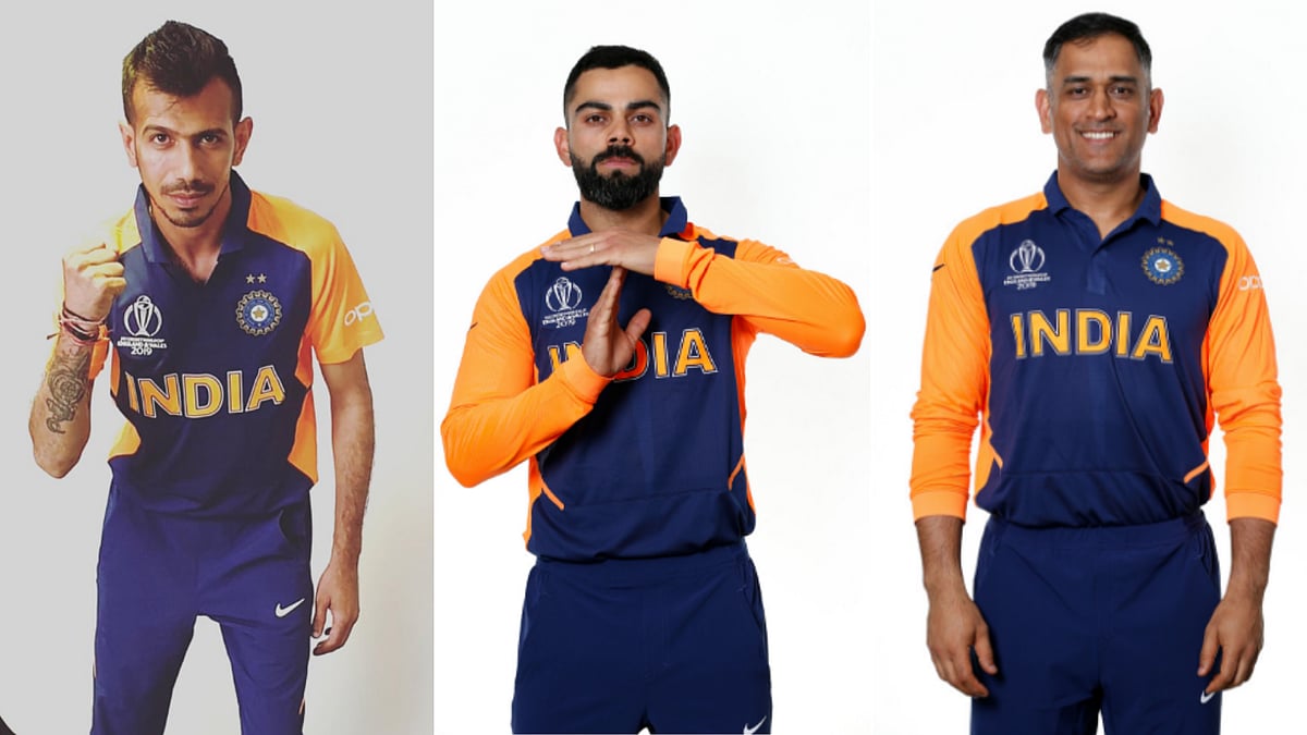 Photos of Indian cricketers Yuzvendra Chahal, MS Dhoni and KL Rahul wearing the orange jersey.