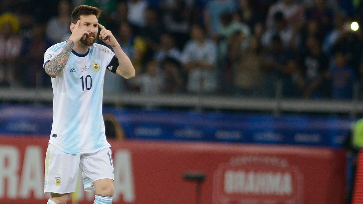 Argentina’s Lionel Messi gestures during a Copa America Group B soccer match against Paraguay at the Mineirao stadium in Belo Horizonte, Brazil.
