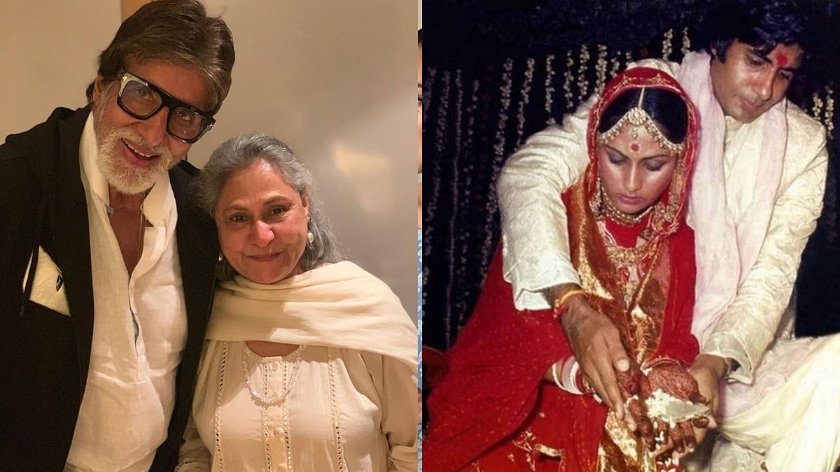 Amitabh Bachchan and Jaya Bachchan (L); The couple on their wedding day (R).